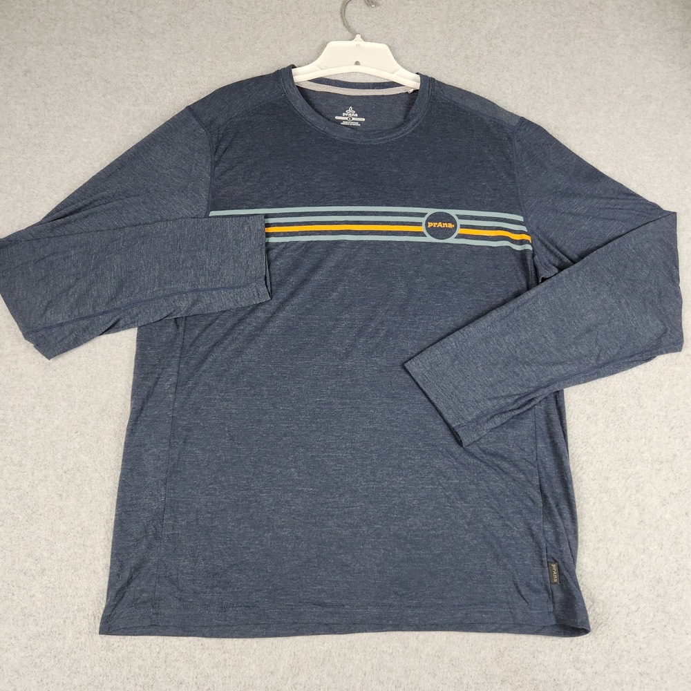 prAna Shirt Mens Large Blue Graphic Striped Long Sleeve Crew Neck Outdoor Casual